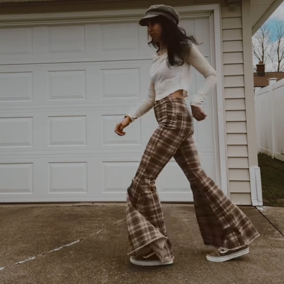Free people just float on by brown plaid super flared pants - Picture 9 of 11